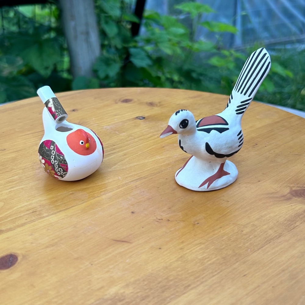 Vintage Ceramic Bird Whistle Figurine Set White Multi Hand Painted Folk Art Toy